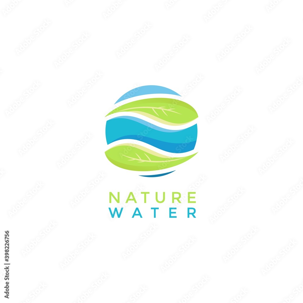 nature water logo vector template, leave and water drop icon