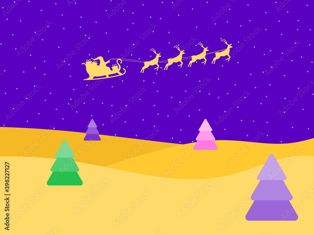 Santa Claus is flying in a sleigh with reindeer. Multicolored evening landscape with fir trees. Festive design for greeting card, poster and banner. Vector illustration Santa Claus is flying in a sleigh with reindeer. Multicolored evening landscape with fir trees. Festive design for greeting card, poster and banner. Vector illustration