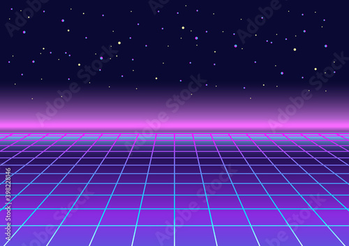 Light grid landscape. Yesterday’s tomorrow. Retrowave, synthwave, rave, vapor party background. Retro, vintage 80s, 90s style. Black, purple, pink, blue colors. Banner, print, wallpaper, web template