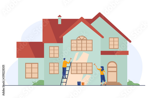 Happy couple painting house facade. Ladder, home, renewal flat vector illustration. Renovation or construction concept for banner, website design or landing web page