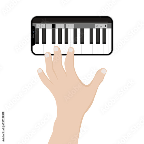 Young boy or girl playing classic digital piano at home during online class at home, social distance during quarantine, self-isolation, online education concept