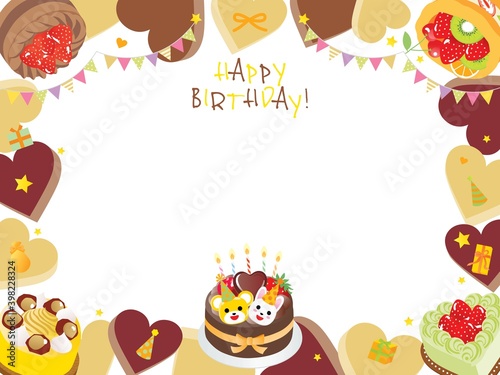 ハートやケーキのお誕生日のフレームデザイン