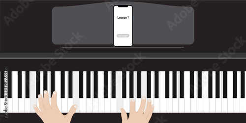 Young boy or girl playing classic digital piano at home during online class at home, social distance during quarantine, self-isolation, online education concept