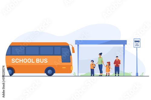 Children with teacher waiting for bus at bus stop. School, vehicle, kid flat illustration. Transportation and education concept for banner, website design or landing web page