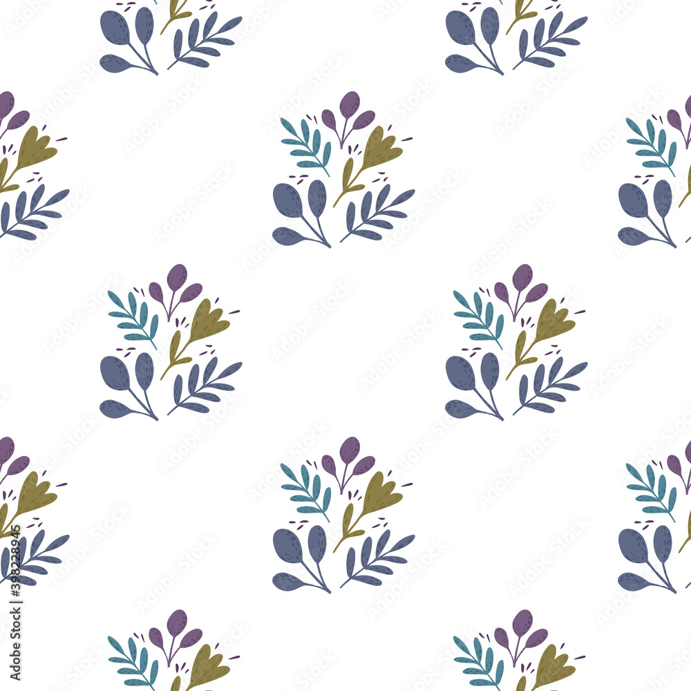Isolated folk botanical ornament with green flowers and blue branches seamless pattern. Isolated folk botanical ornament with green flowers and blue branches seamless pattern.