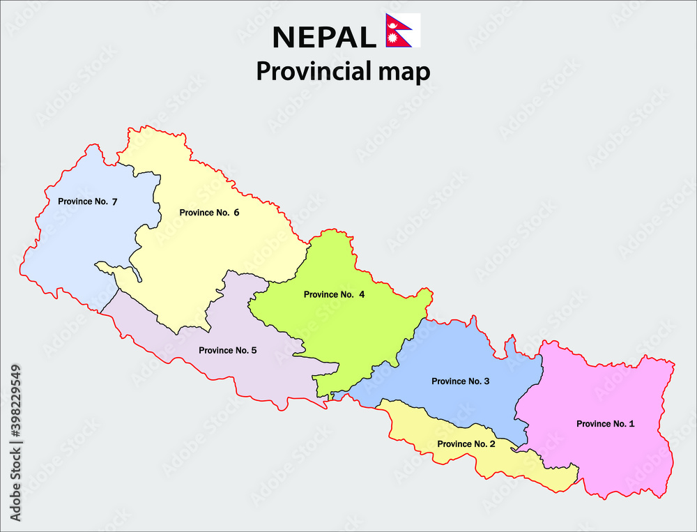 Nepal map. Political and administrative map of Nepal with districts name. Showing International and State boundary and district boundary of Nepal. Vector illustration of districts map.