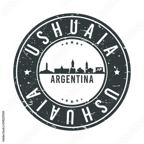 Ushuaia, Tierra del Fuego Province, Argentina Skyline Stamp. Round Postmark Icon City Design. Vector Landmark Travel Badge.