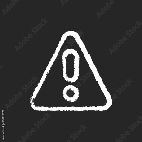 Warning chalk white icon on black background. Emergency message for user. Danger situation notification. Innovative safety system interface. Isolated vector chalkboard illustration
