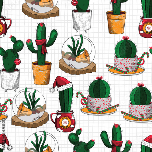 Cactus Christmas Vector Seamless Pattern.