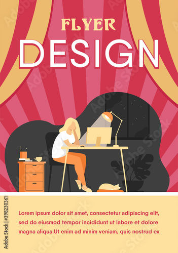 Woman working at night in home office isolated flat vector illustration. Cartoon female student learning via computer or designer late at work. Workplace and sleepless concept