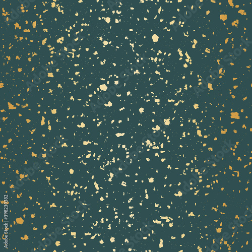 Vector sea green and gold foil hand crafted terrazzo pattern background. Backdrop of dense coarse grained stone granite particles. Abstract igneous rock texture of mineral crystals. All over print.