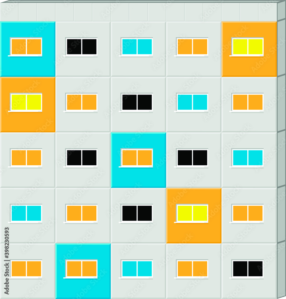 vector tall building with windows. window frames in different colors.