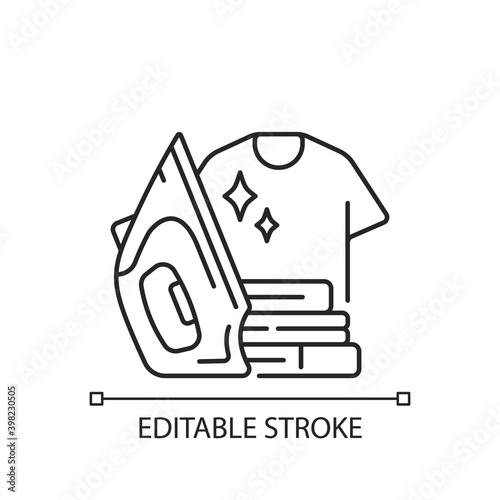 Ironing linear icon. Traditional housekeeping task, housewife chore. Dry cleaning service thin line customizable illustration. Contour symbol. Vector isolated outline drawing. Editable stroke