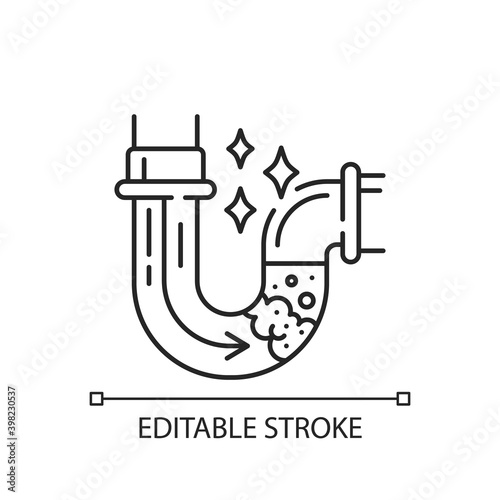 Waste pipes cleaning linear icon. Plumbing, housekeeping chore. Water pipes maintenance service thin line customizable illustration. Contour symbol. Vector isolated outline drawing. Editable stroke