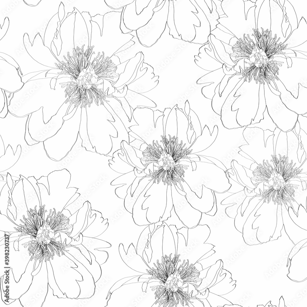Hand drawn sketch illustration of white peony flowers seamless pattern. Floral background, backdrop element for fabric, textile design, wedding.