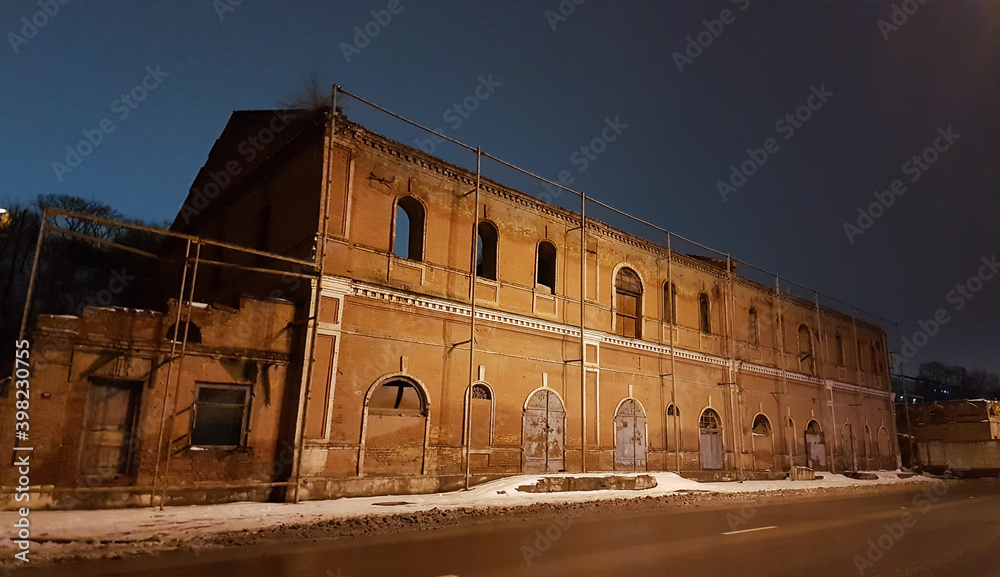 Old abandoned warehouses Paramonovskie in Rostov-on-Don. Night view.