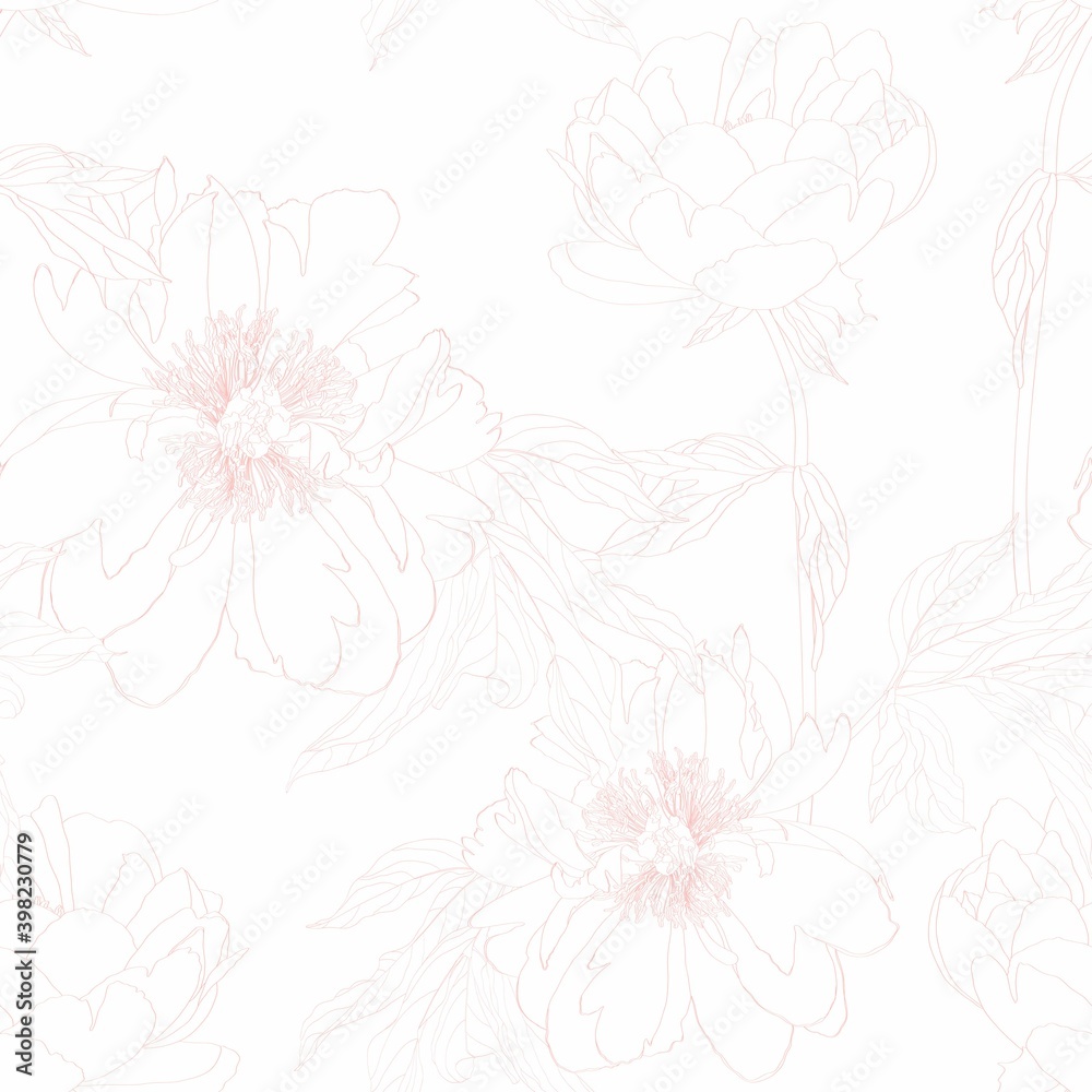 Peony flowers seamless pattern. Floral background in pink peach color. Flower frame for flowershop. Summer floral peony greeting card. Flowers background for cosmetics packaging. Peony flowers seamless pattern. Floral background in pink peach color. Flower frame for flowershop. Summer floral peony greeting card. Flowers background for cosmetics packaging.