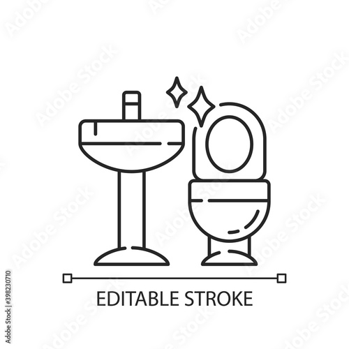 Cleaning bathroom linear icon. Housekeeping thin line customizable illustration. Contour symbol. Professional janitorial service. Lavatory appliances. Vector isolated outline drawing. Editable stroke
