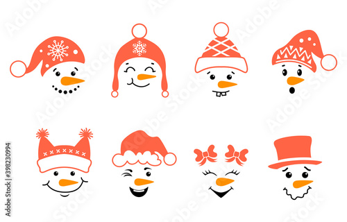Christmas snowman faces. Set of cute winter characters. Snowmen of various designs in santa hats. Vector illustration. Snowmen heads isolated on white background. Childrens cartoon characters.