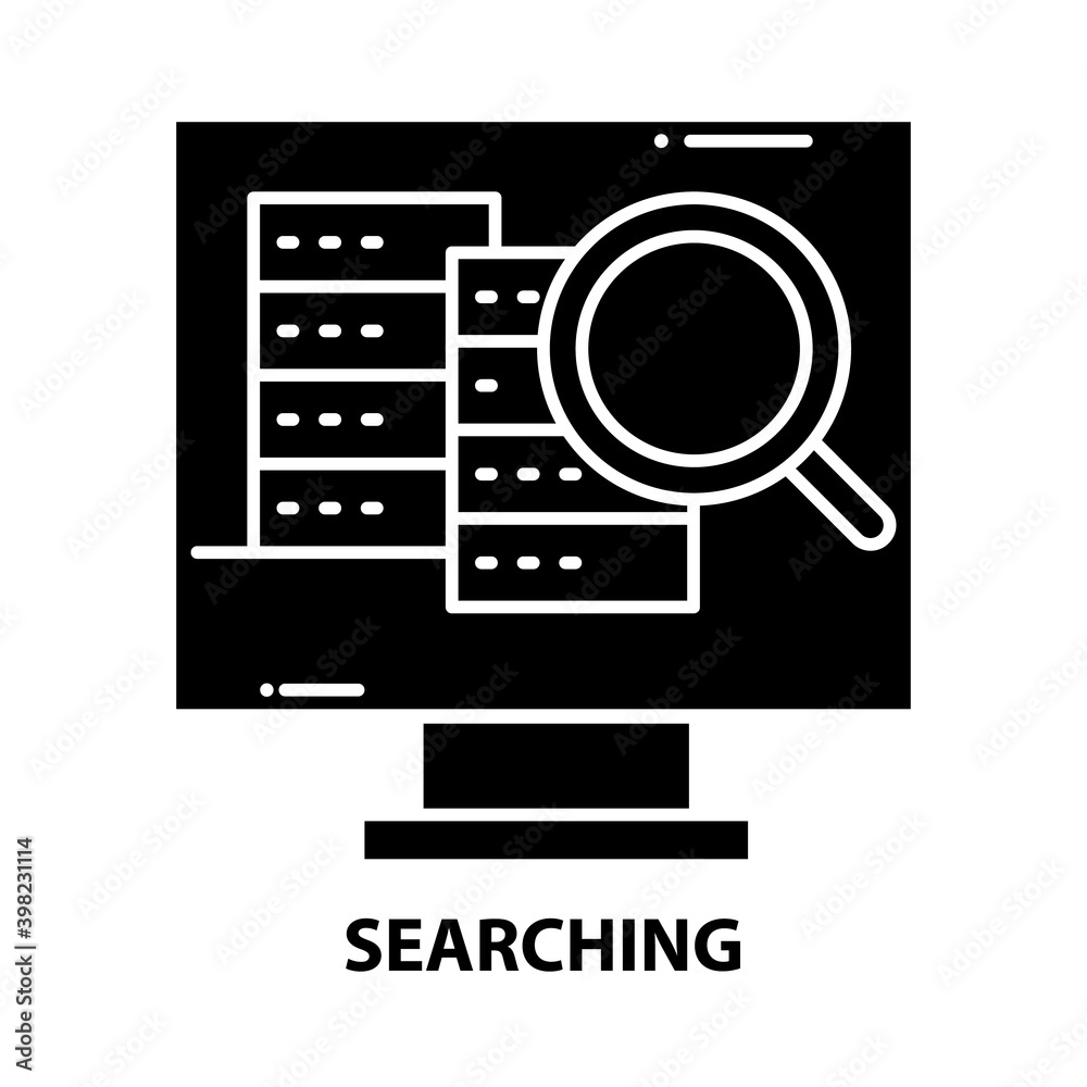 searching icon, black vector sign with editable strokes, concept illustration searching icon, black vector sign with editable strokes, concept illustration