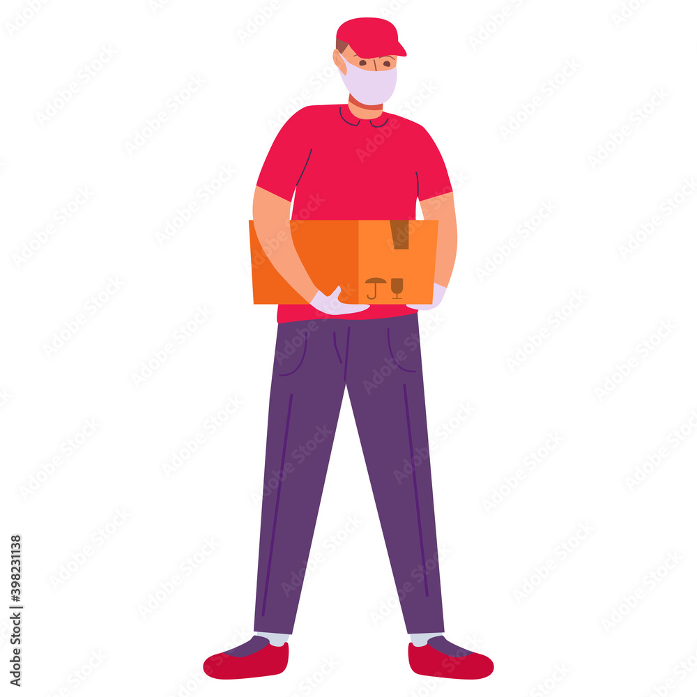 Courier in protective medical face mask.Delivery during the COVID-19 coronavirus pandemic.Cartoon character delivery guy. Isolated vector flat illustration.
