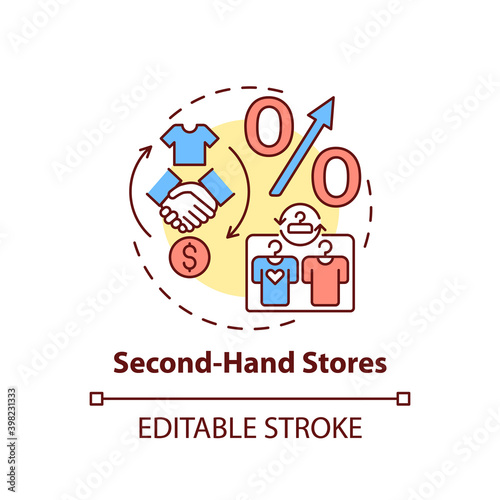 Second-hand stores concept icon. Thrift stores idea thin line illustration. Saving on buying clothing. Garage sale. Selling secondhand goods. Vector isolated outline RGB color drawing. Editable stroke