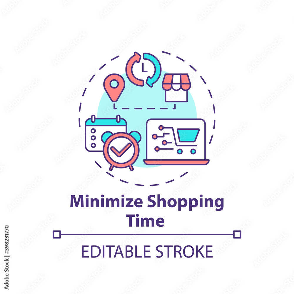 Minimizing shopping time concept icon. Safe shopping tip during Covid idea thin line illustration. Considering delivery services. Vector isolated outline RGB color drawing. Editable stroke Minimizing shopping time concept icon. Safe shopping tip during Covid idea thin line illustration. Considering delivery services. Vector isolated outline RGB color drawing. Editable stroke