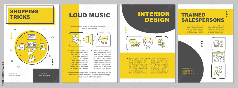 Naklejka premium Shopping tricks brochure template. Customer experience. Retail. Flyer, booklet, leaflet print, cover design with linear icons. Vector layouts for magazines, annual reports, advertising posters