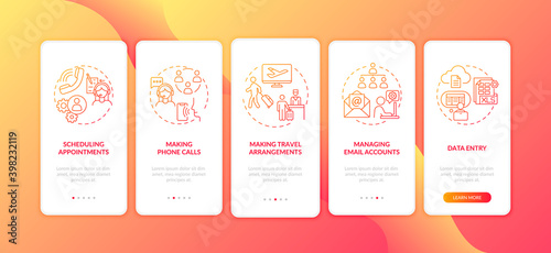Manager clerical task red onboarding mobile app page screen with concepts. Secretary office work walkthrough 5 steps graphic instructions. UI vector template with RGB color illustrations
