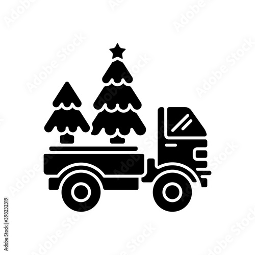 Christmas tree delivery black glyph icon. Order christmas symbol to your home. Holiday business creation. Popular winter services. Silhouette symbol on white space. Vector isolated illustration