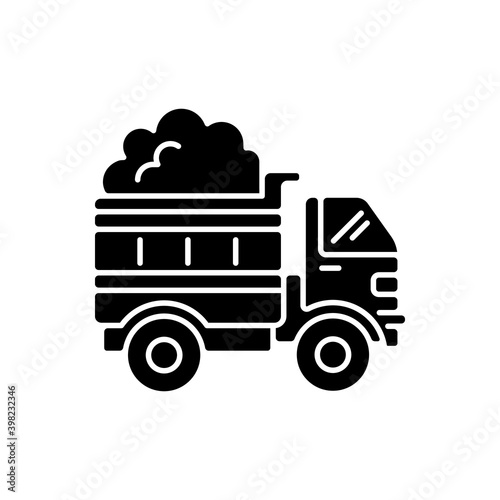 Snow hauling black glyph icon. Removing snow after snowfall to make travel easier and safer. Reducing ice on your streets. Silhouette symbol on white space. Vector isolated illustration