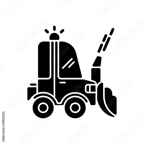 Snow blowing black glyph icon. Using machine for removing snow from area around your house. Cleaning service in winter. Silhouette symbol on white space. Vector isolated illustration