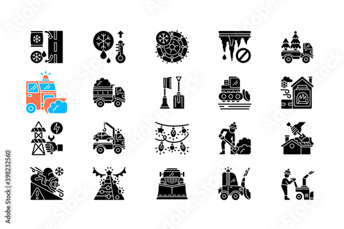 Snow removing services black glyph icons set on white space. Clearing city after strong snowfall. Special tools for your car. Plow truck company. Silhouette symbols. Vector isolated illustration