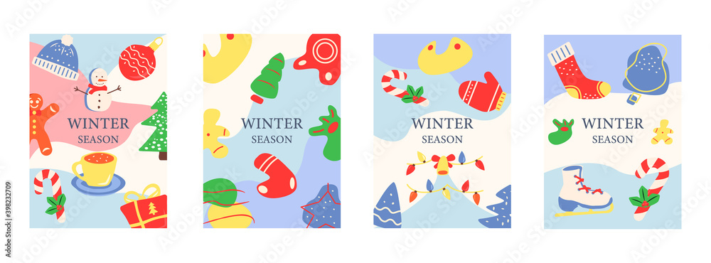 Winter season festive party abstract poster template set. Commercial flyer design with flat illustration. Vector cartoon promo card with organic shapes. Wintertime advertising invitation collection