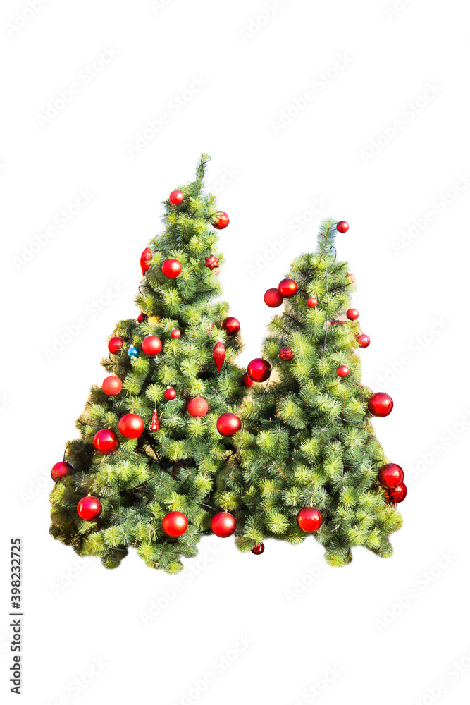 Decorated Ball Red On Christmas Green Tree For New Year Isolated On White Background.