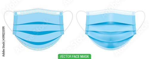 Surgical face mask, vector illustration. Set of the blue medical protective masks, in flat, and 3D graphic style, isolated on white. Coronavirus protection mask with earloop, in a front view.