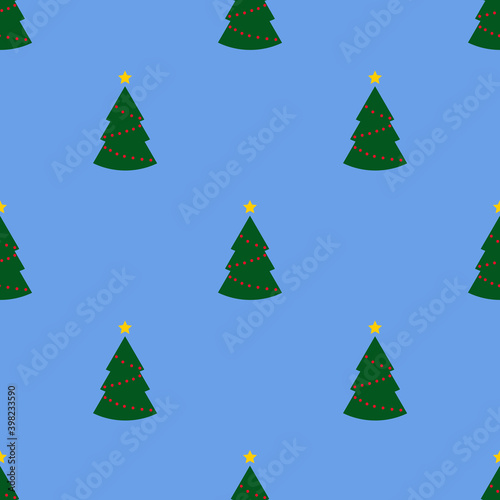 Seamless pattern with green christmas trees with lights on blue background. Abstract ,wrapping decoration. Merry Christmas holiday, Happy New Year