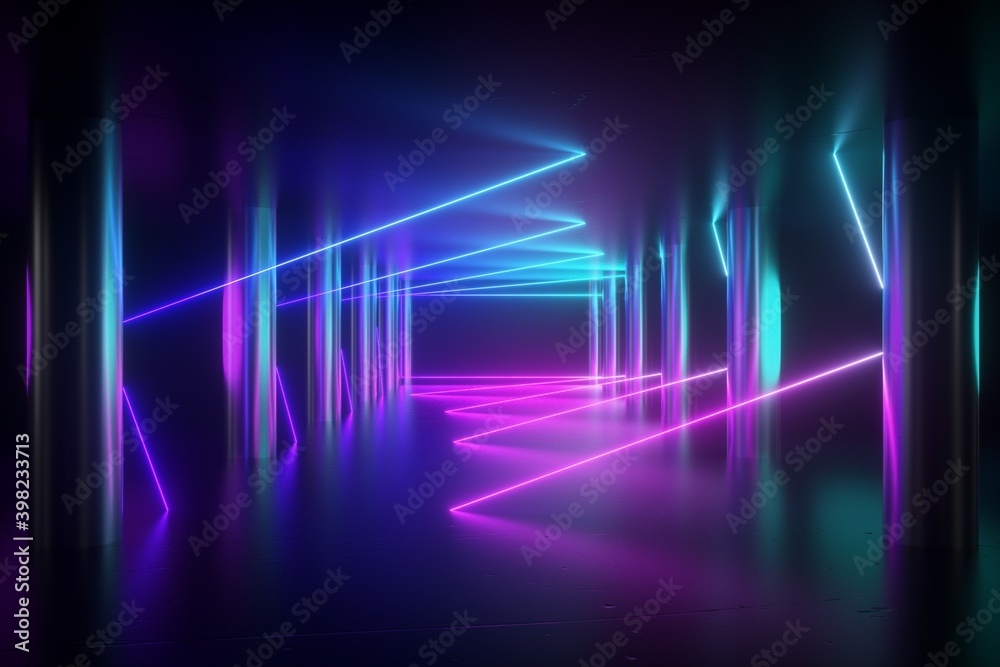 Fototapeta premium 3d geometric backgroundwith glowing neon lines. 