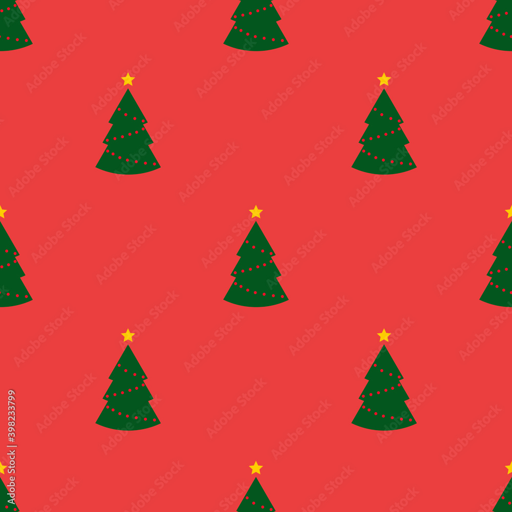 Seamless pattern with green christmas trees with lights on red background. Abstract ,wrapping decoration. Merry Christmas holiday, Happy New Year