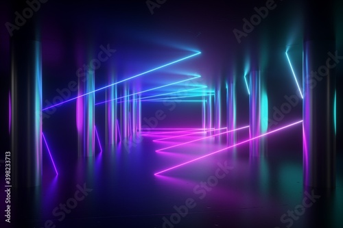 Fototapeta Naklejka Na Ścianę i Meble -  3d geometric backgroundwith glowing neon lines. 