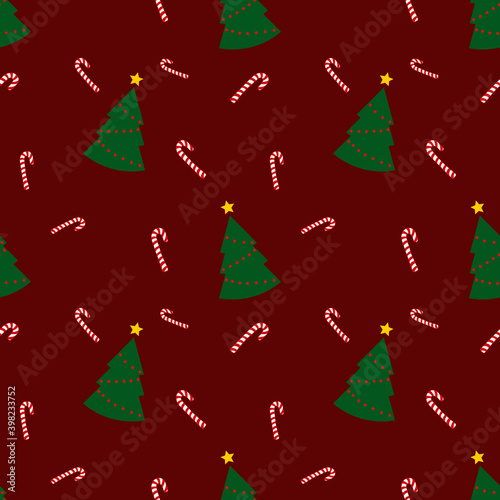 Seamless pattern with green christmas trees and candy cane on red background. wrapping decoration. Merry Christmas holiday, Happy New Year