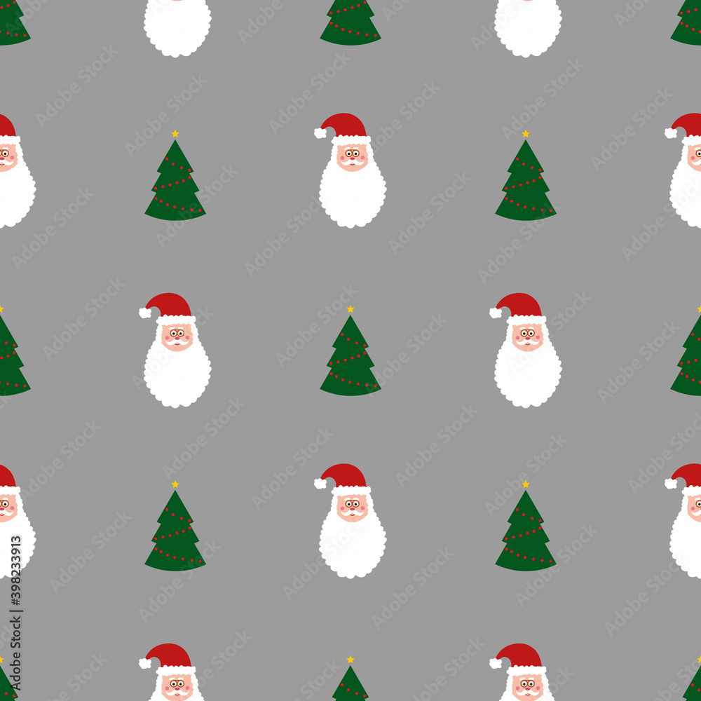 Seamless pattern with green christmas trees and Santa on gray background. Abstract ,wrapping decoration. Merry Christmas holiday, Happy New Year Seamless pattern with green christmas trees and Santa on gray background. Abstract ,wrapping decoration. Merry Christmas holiday, Happy New Year