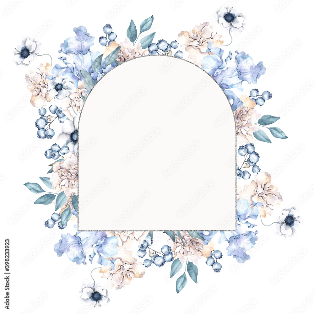 Fototapeta premium Watercolor frame with frosty winter flowers, leaves and berry, isolated on white background