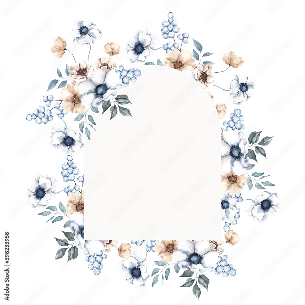 Watercolor frame with frosty winter flowers, leaves and berry, isolated on white background