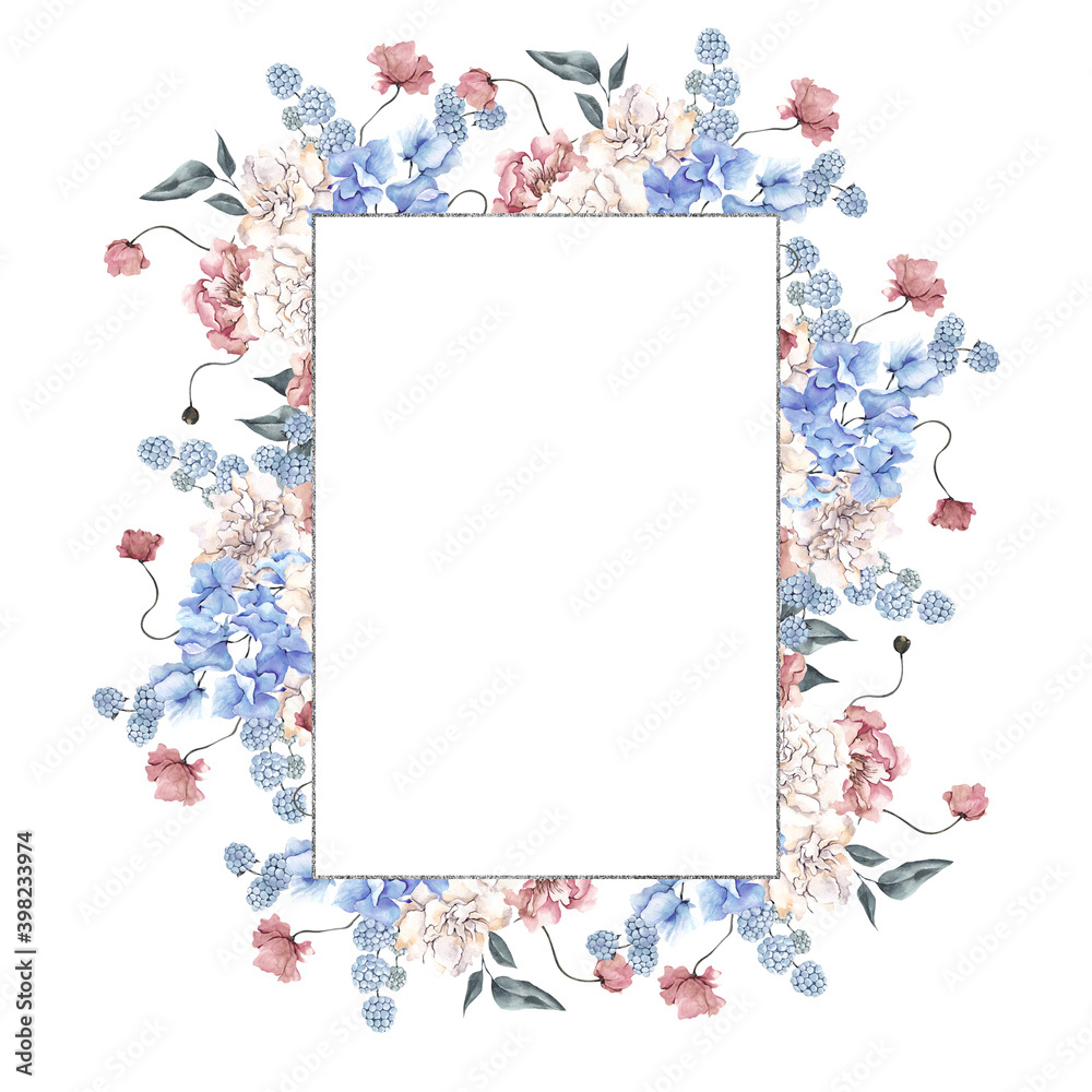 Watercolor frame with frosty winter flowers, leaves and berry, isolated on white background