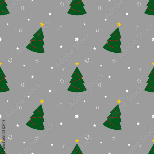 Seamless pattern with green christmas trees and stars on gray background. Abstract ,wrapping decoration. Merry Christmas holiday, Happy New Year © Iryna