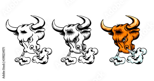 A set of bulls in the form of a logo. From black and white to color