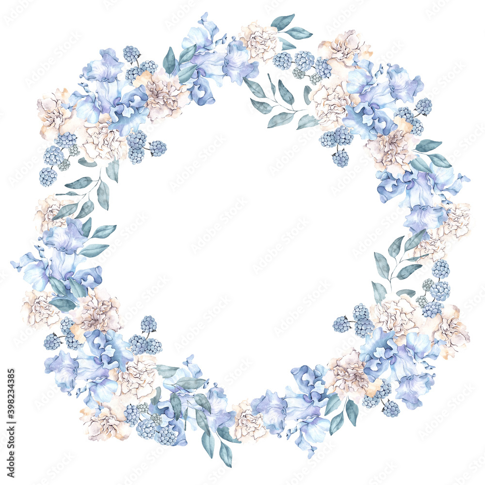 Watercolor frosty wreath with flowers, leaves and berry, isolated on white background, winter floral illustration