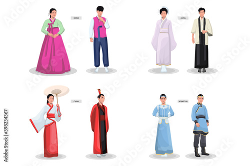 Asian traditional costumes set. Ancient female kimonos, male clothes, Japanese, Chinese, Vietnamese, Korean national outfit. Vector illustration for Asia, fashion, culture concept