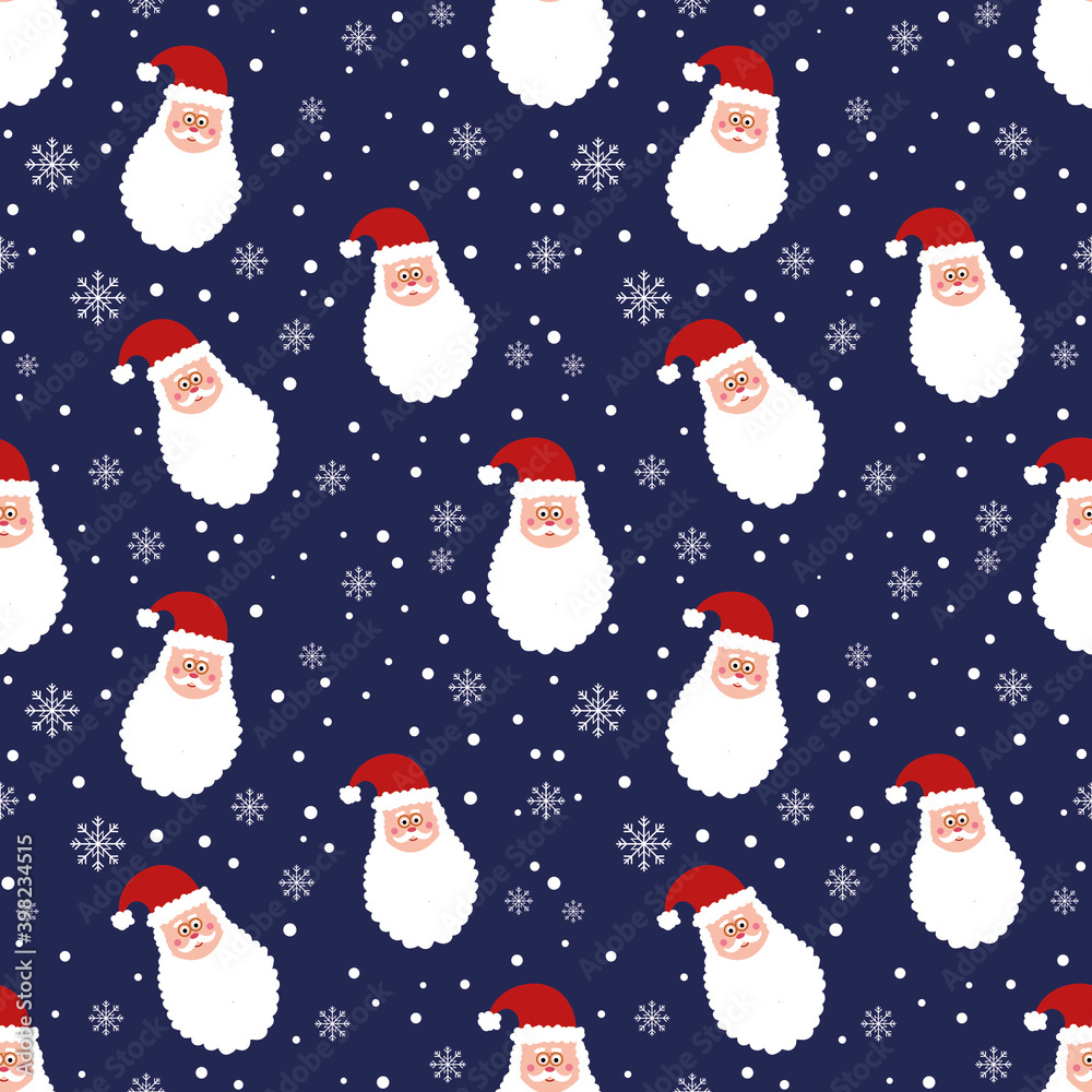 Seamless pattern with Santa Claus head and snowflakes on blue background . Christmas background. snowy design. wrapping paper. New year wallpaper